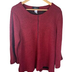 Yushi Yo-shi Red Knit Sweater Top 3/4 Sleeve Textured Cotton Blend XL‎ USA Made